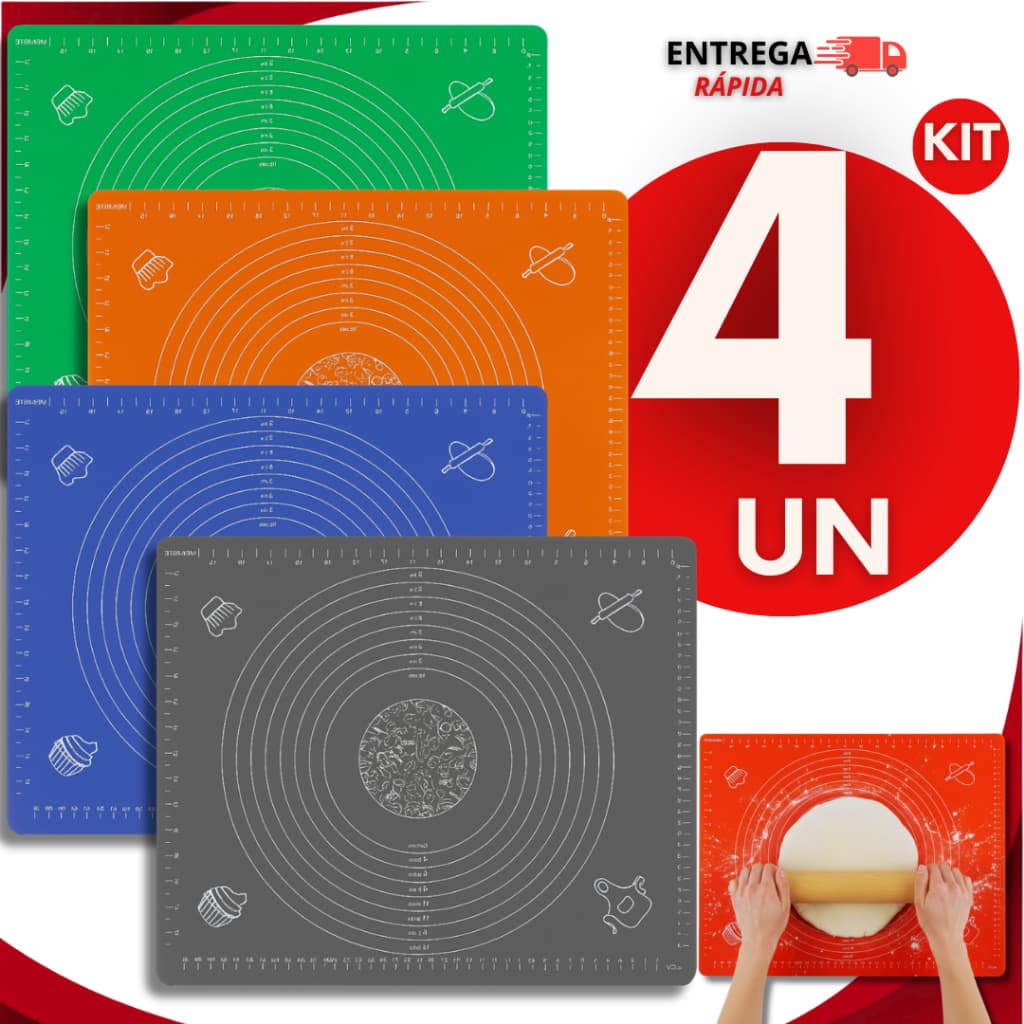 Jogo 04 Tapete Culinário De Silicone Antiaderente 30x40CM Para Abrir Massas Bolos Cozinha Cores Sortidas