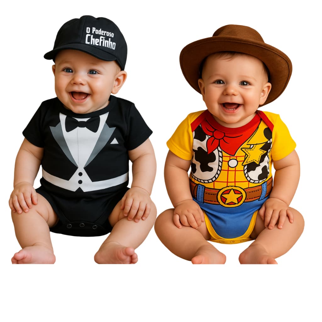 Kit Body Bebê Personalizado Mesversário Woody + Poderoso Chefinho gêmeos