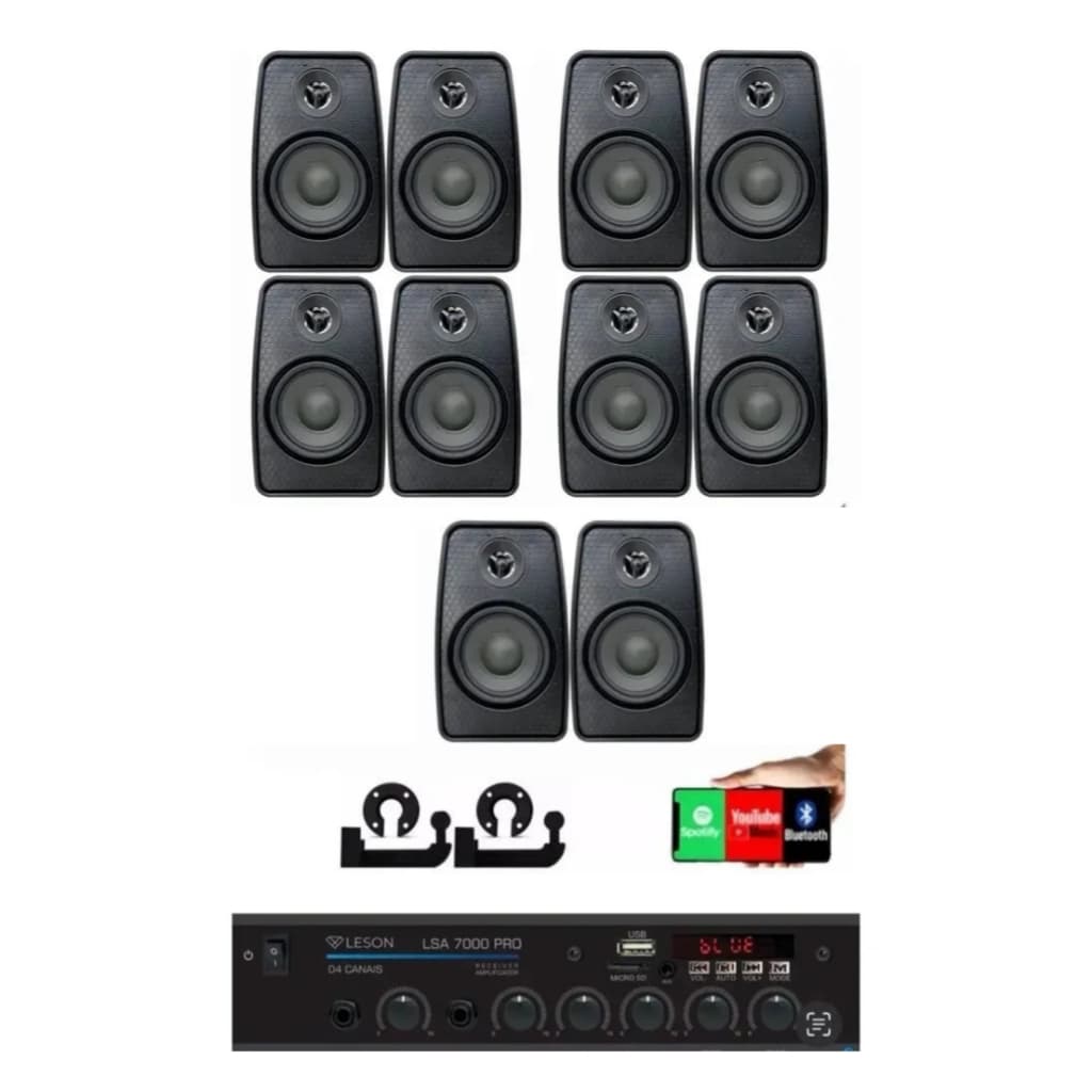 Kit Som Ambiente 500 Watts Bluetooth +10 Caixas Parede Preta