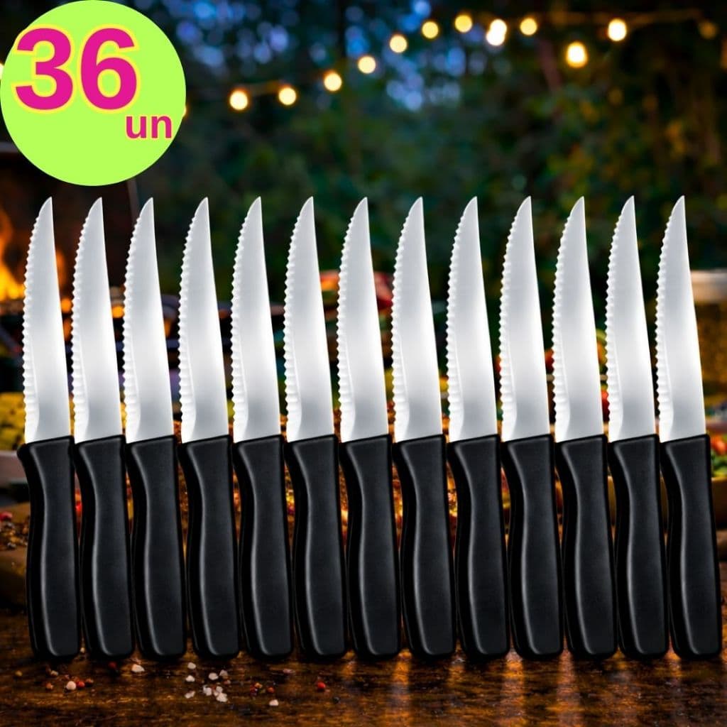 Kit 36 Facas de Mesa Cozinha Inox Cabo Preto 19cm com Serrinha para Churrasco Pão Refeições
