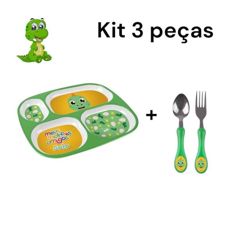 Kit Refeição Dinossaouro Verde Prato Infantil Com Divisorias + Talher Colher E Garfo Para Crianças...
