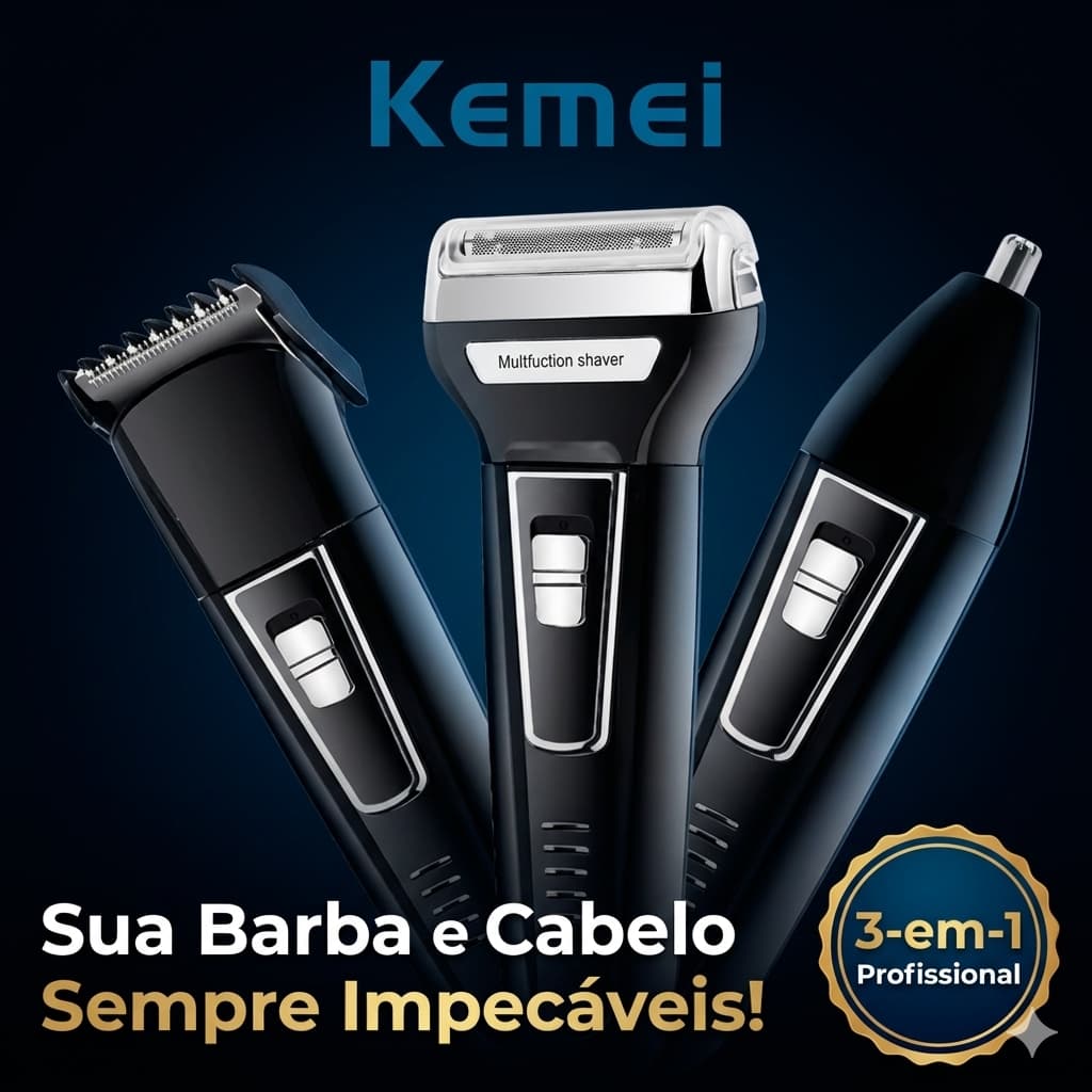 Aparador de Barba e Pelos Barbeador 3 em Barbeador Profissional Kemei 3 em 1 Original KM-6558