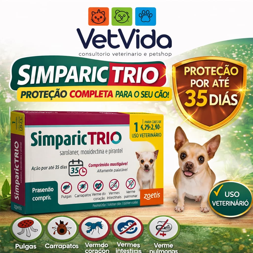 Simparic Trio 1,25 a 2,5kg Antipulgas Carrapatos Vermes Zoetis Original 3 Comprimidos