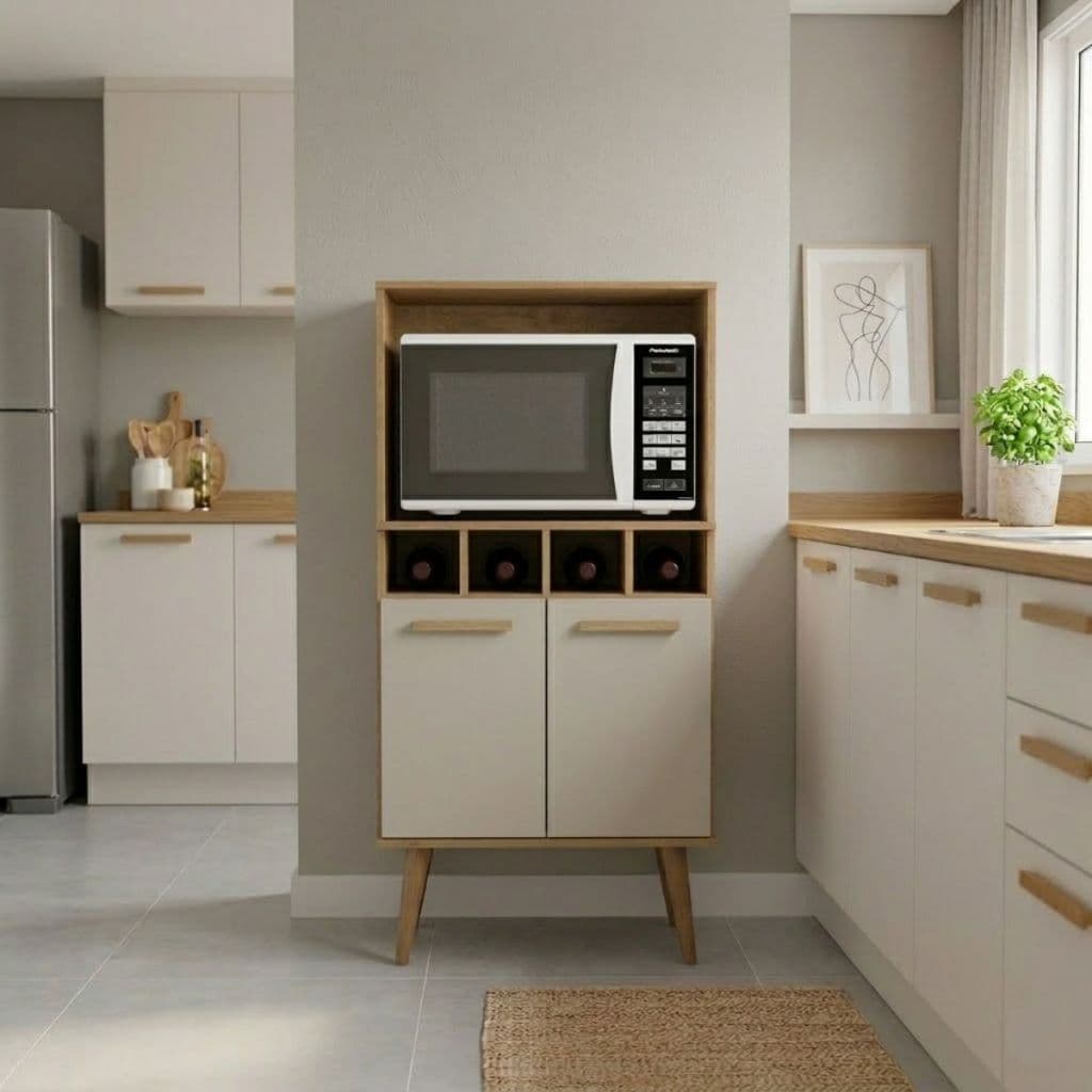 Móvel Auxiliar de Cozinha Armário Multiuso Retrô 2 Portas Adega embutida micro-ondas e forno Canela Off White