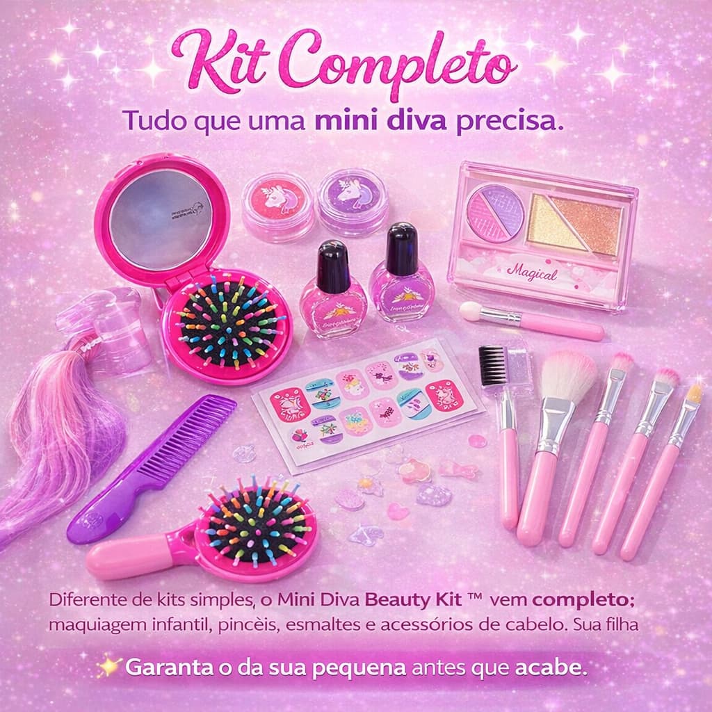 Kit Maquiagem Infantil Completo Mini Diva Beauty Kit™ Brinquedo Menina Salão de Beleza Com Pincéis