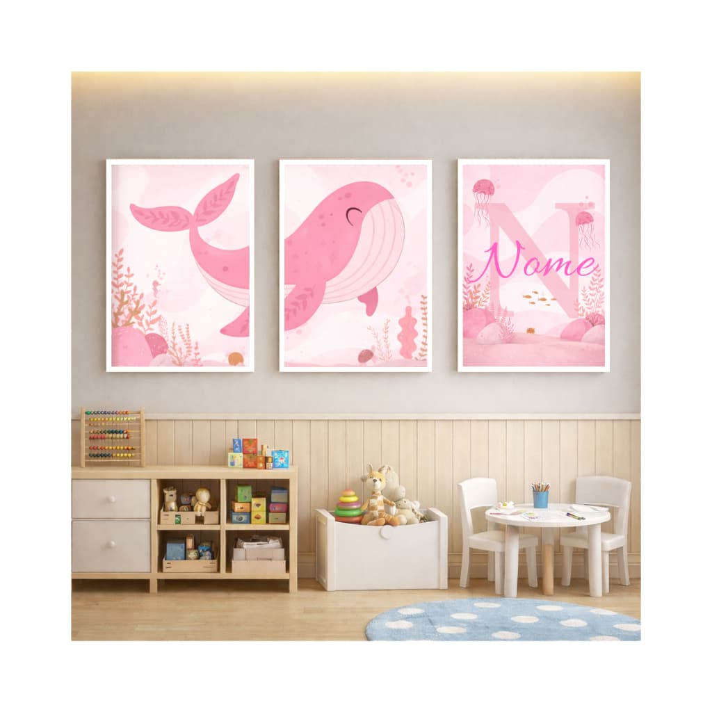 Kit 3 Quadros Decorativos Infantil Menina Baleia Rosa Fundo do Mar Personalizado com Nome Quarto de Bebê