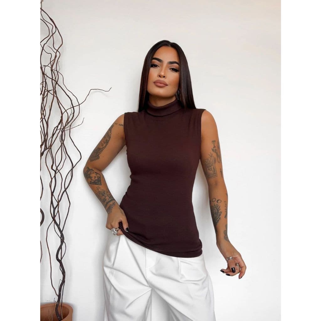 Blusa Feminina Gola Alta Ribana Canelada Elegante Cami