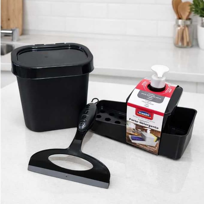 Kit Lixeira Plasutil 2,5L + Porta Detergente + Rodinho de Pia Plasútil Cozinha Moderna Lar Casa