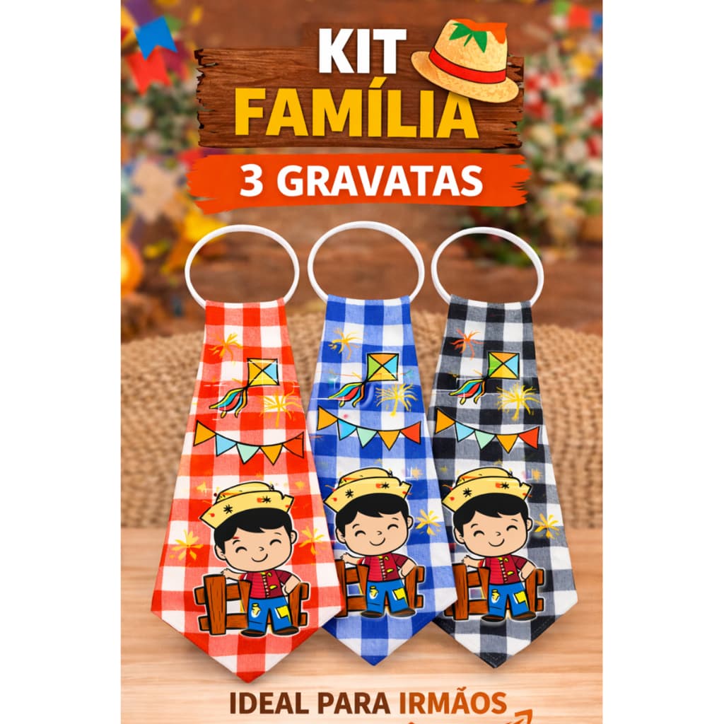 KIT COM 3 Gravatas Juninas Infantil com Elástico Festa Caipira (Cores Sortidas)