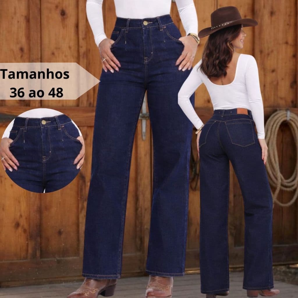 Calça Jeans Feminina Cintura Alta Wide Leg Pantalona Elastano 36 ao 48 Premium Confortável LUXO