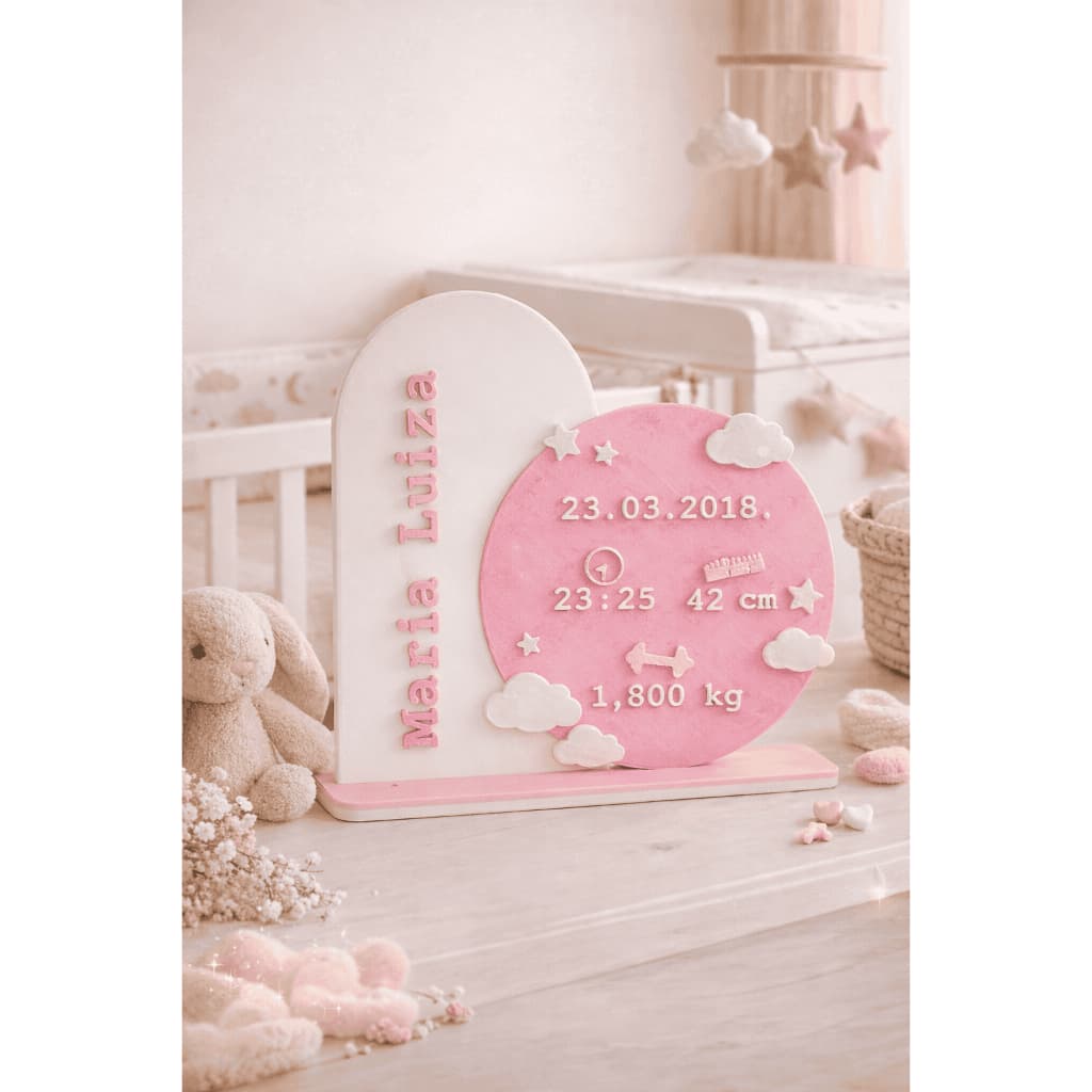 Placa de Nascimento Personalizada Bebê Decorativa Impressa em 3D Nome Data Hora Peso e Tamanho Decoração Quarto Infantil