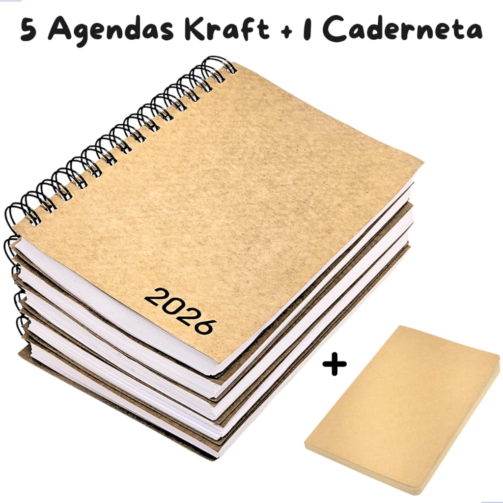 5 Agendas Diária Espiral Wire-O Executiva Capa Flex Kraft Ecológica 360pg + 1 Caderneta Kraft sem Pauta
