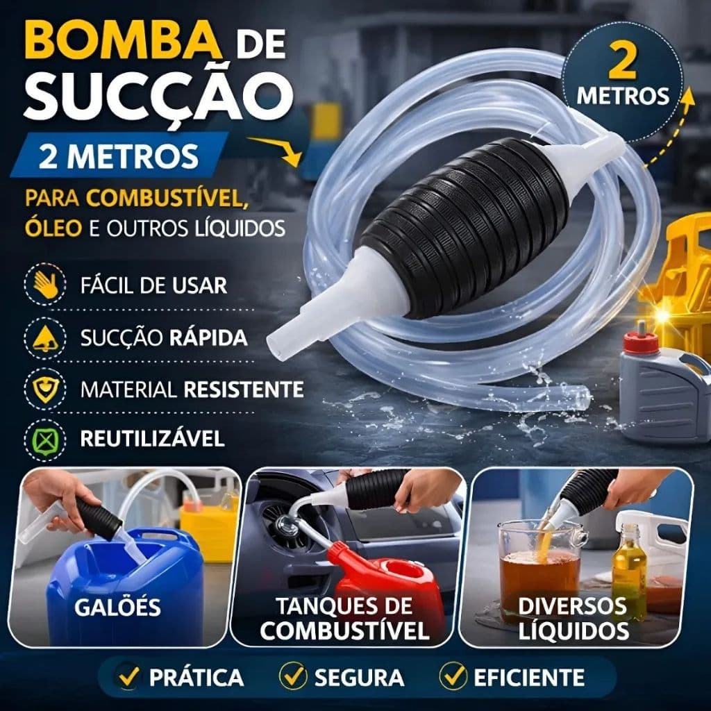 Bomba Sucçao Manual 2 Mt C/ Mangueira Transparente Abraçadeira P/ Líquidos Combustível Carro e Motos
