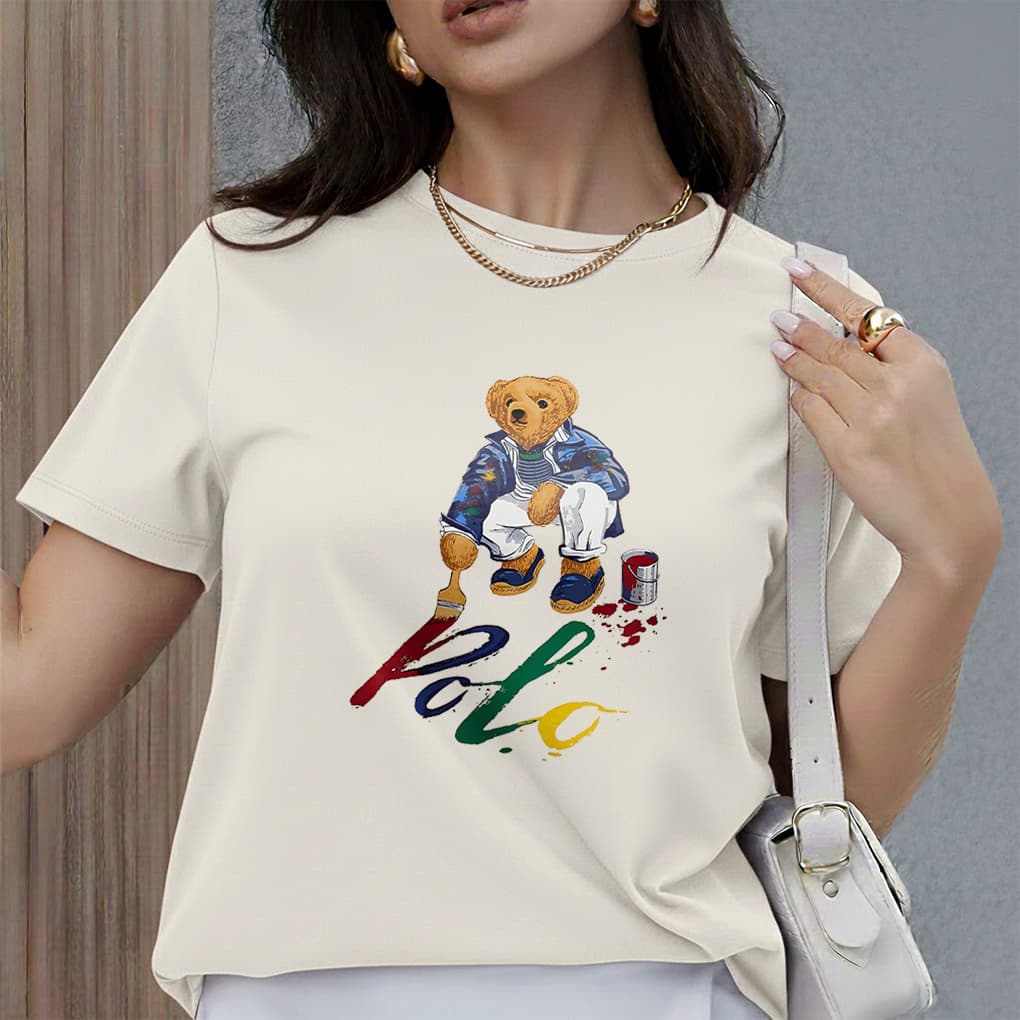 Camiseta Feminina Estampada Modelo: Ursinho Pintor - Camisa Algodão Premium Moda Verão Especial