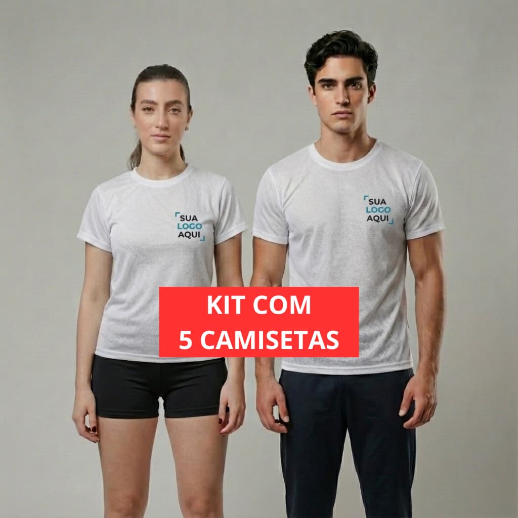 KIT 5 Camisetas Brancas DRY FIT Estampadas Personalizadas Com Sua Logo Respirável Térmica UV