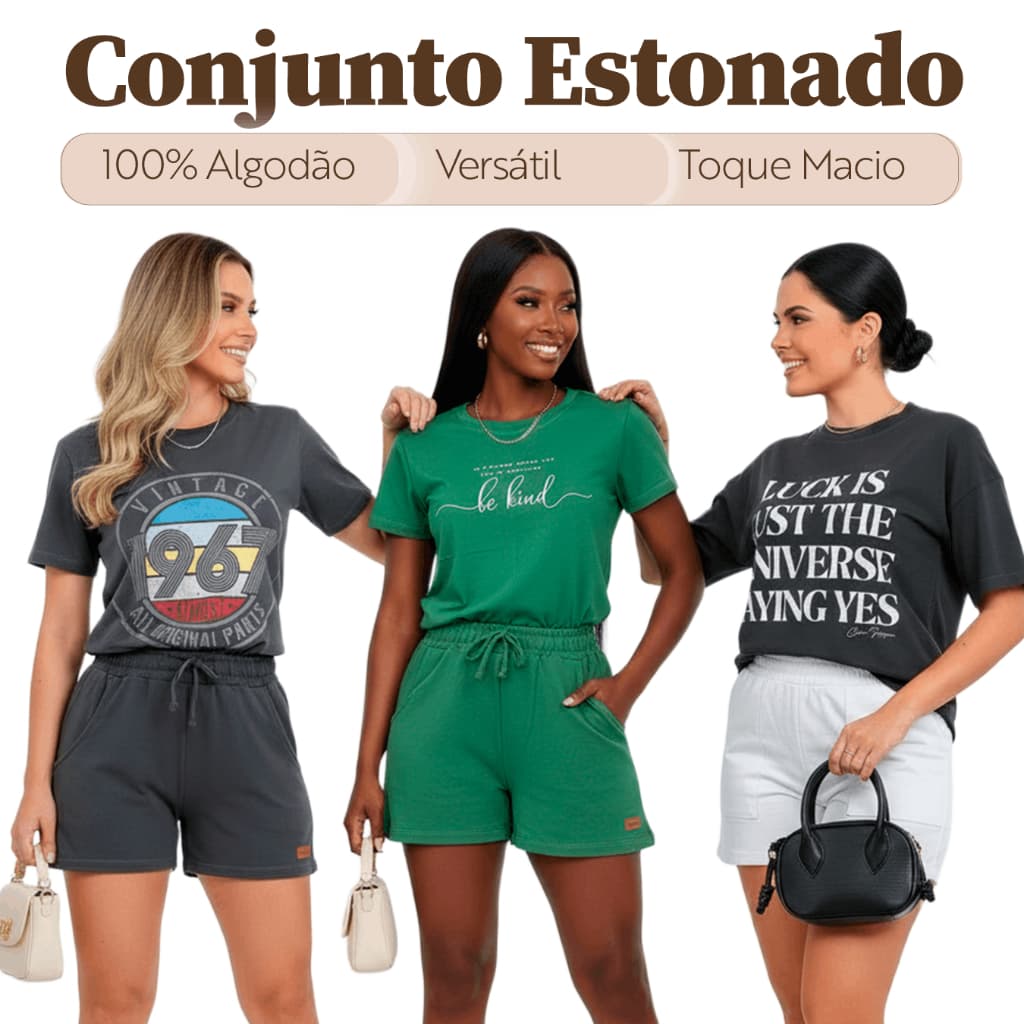 Conjunto Feminino Verão Estonado com Shorts e Camiseta Casual Confortável Look Completo Streetwear Casual Básico