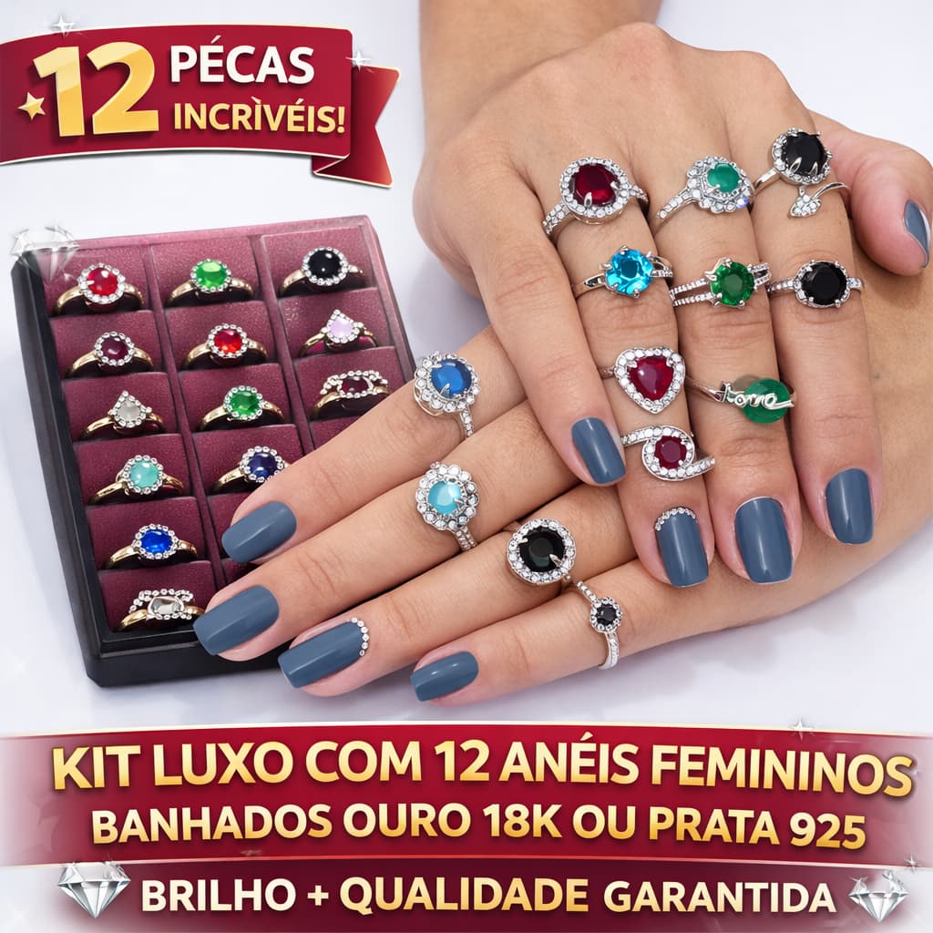Kit 12 Anéis Femininos Elegantes Banhados Ouro 18K ou Prata 925 – Semijoias com Garantia