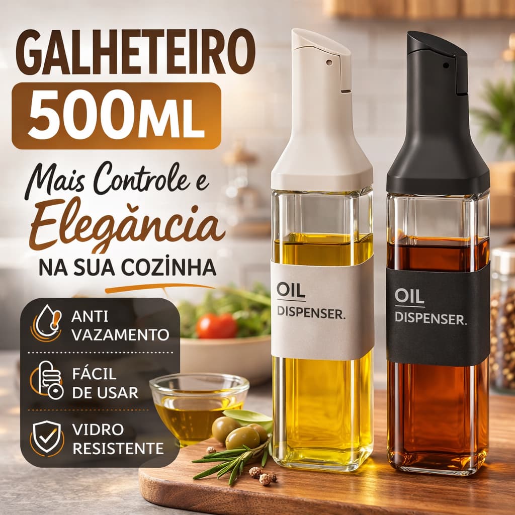 Galheteiro Vidro 500ml Dispenser de Azeite e Óleo Anti Vazamento Porta Vinagre Cozinha Moderna