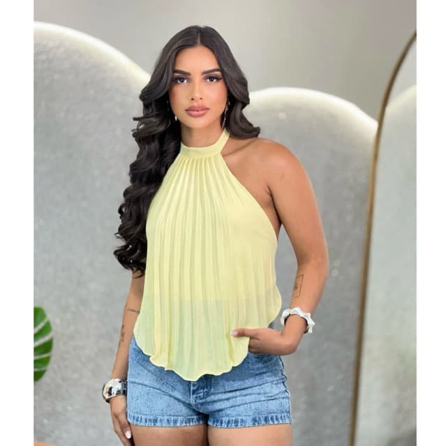 Blusa Bata Feminina Plinssada Alfaiataria Gola Alta Franzida e Amarração Costa Nua Chiffron Tendência Verão 2026