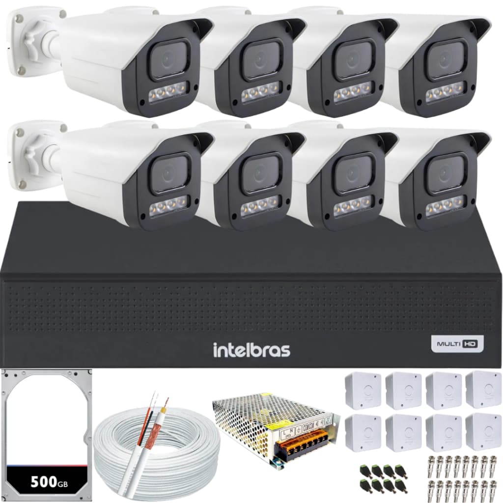 Kit 8 Câmeras Full Color C/Áudio Dvr Intelbras 8ch 500GB