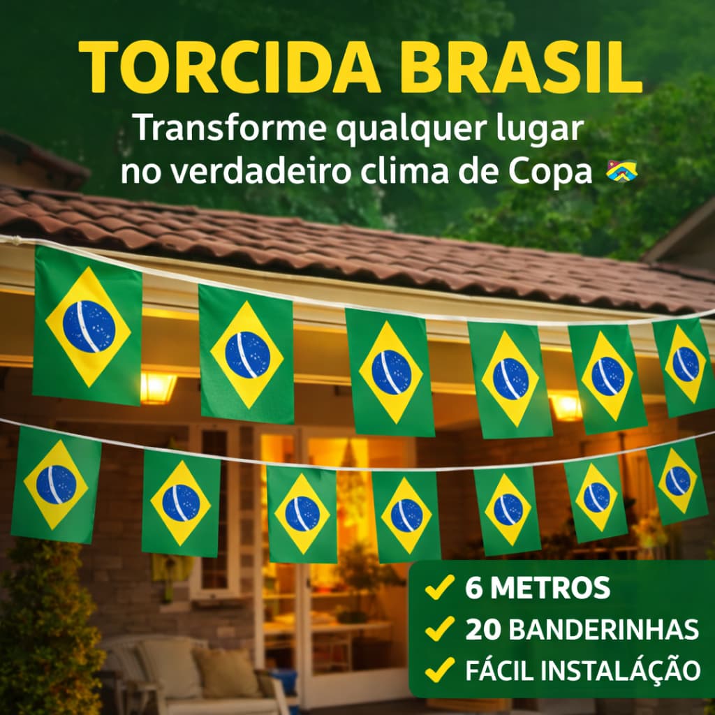 Varal Bandeirinhas Brasil 6m com 20 Bandeiras Decoração Copa do Mundo Futebol Festa