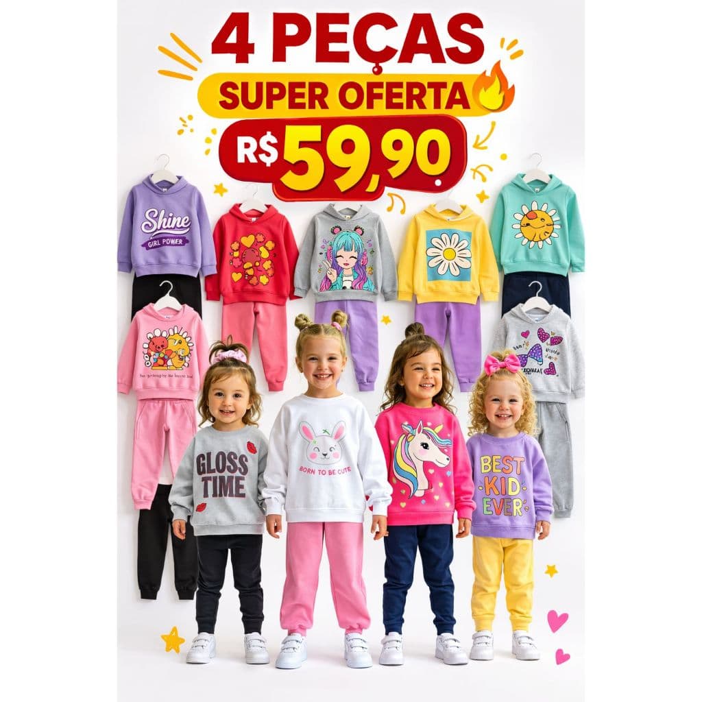 Kit 4 Peças de Conjunto Inverno Moletom Infantil  Menina 1 ao 14