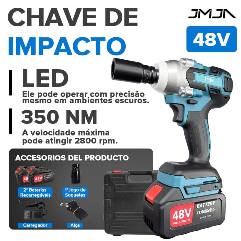 JMJN Chave de Impacto 48V Sem Fio–Parafusadeira Impacto Profissional com 2 Baterias Maleta Carregador e Soquetes