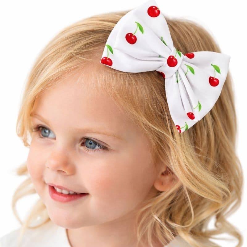 Laço Infantil Duplo Sobreposto Cereja – Laço de Cabelo Menina em Oxfordine com Bico de Pato