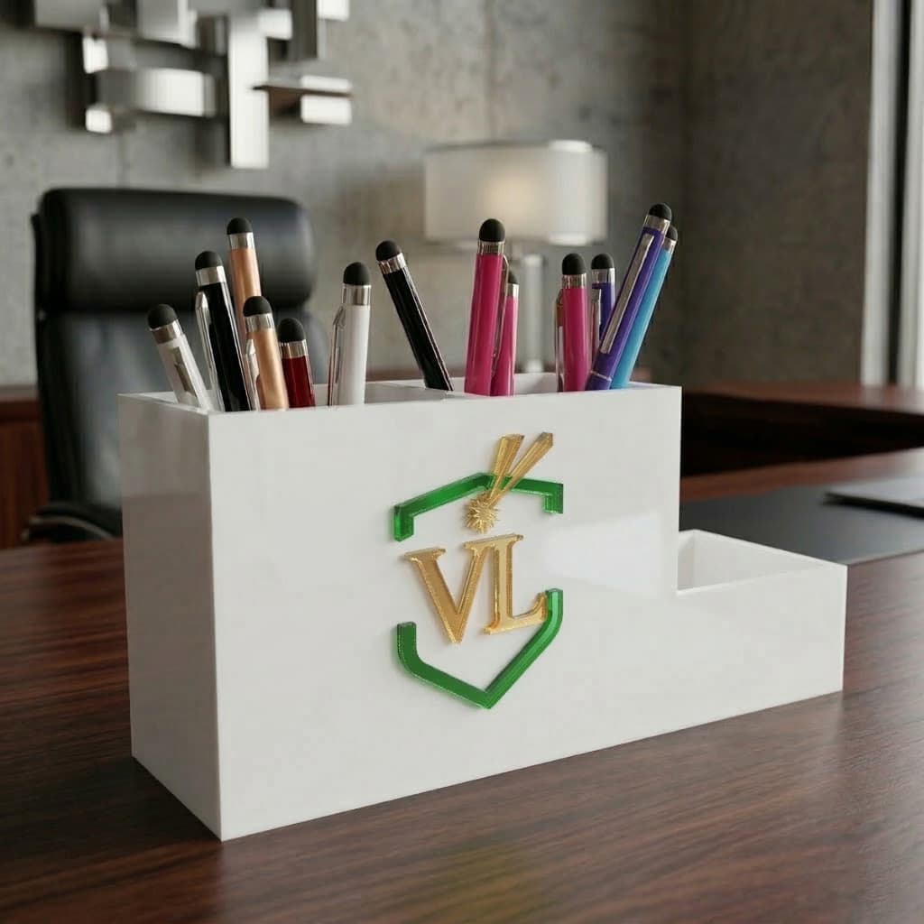 Organizador Porta Canetas Triplo com Porta Clips Acrílico Personalizado com Logo