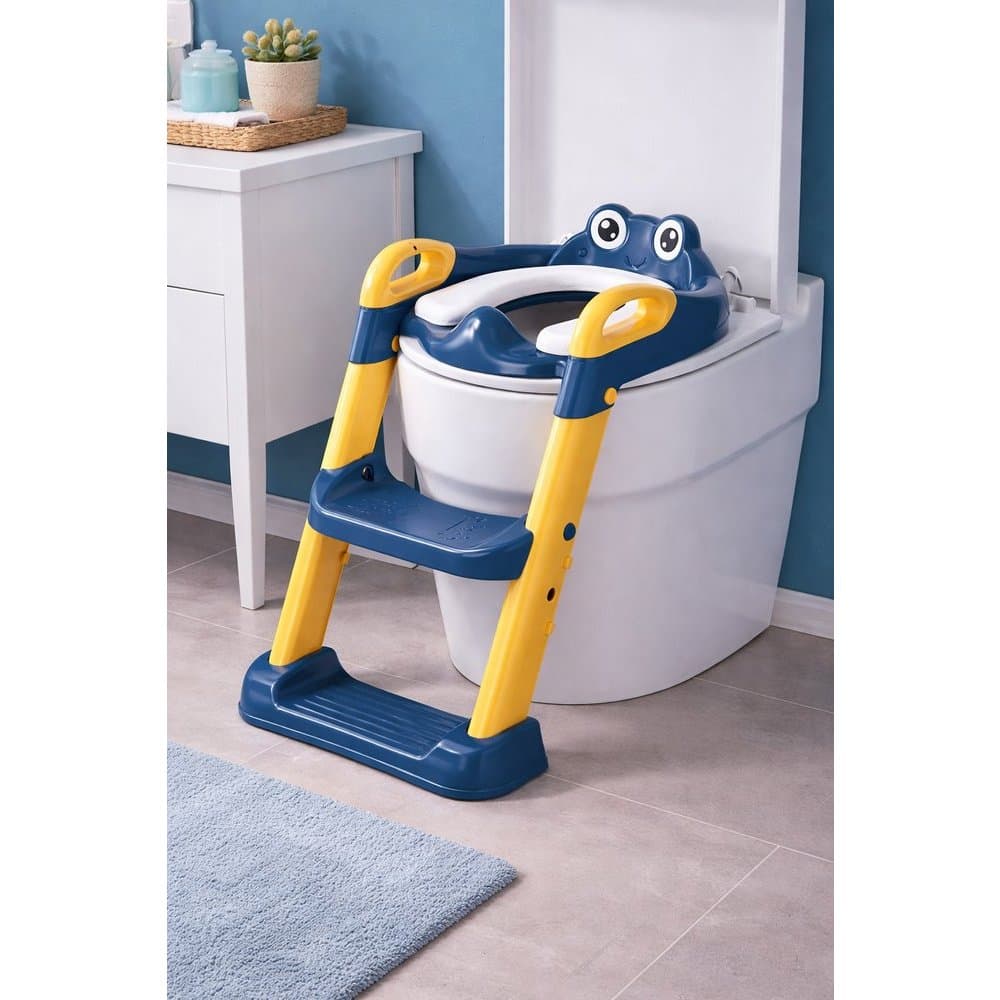Assento Redutor Vaso Sanitário Infantil Escada Alça Desfralde Bebê Escadinha Sapinho Azul Promo