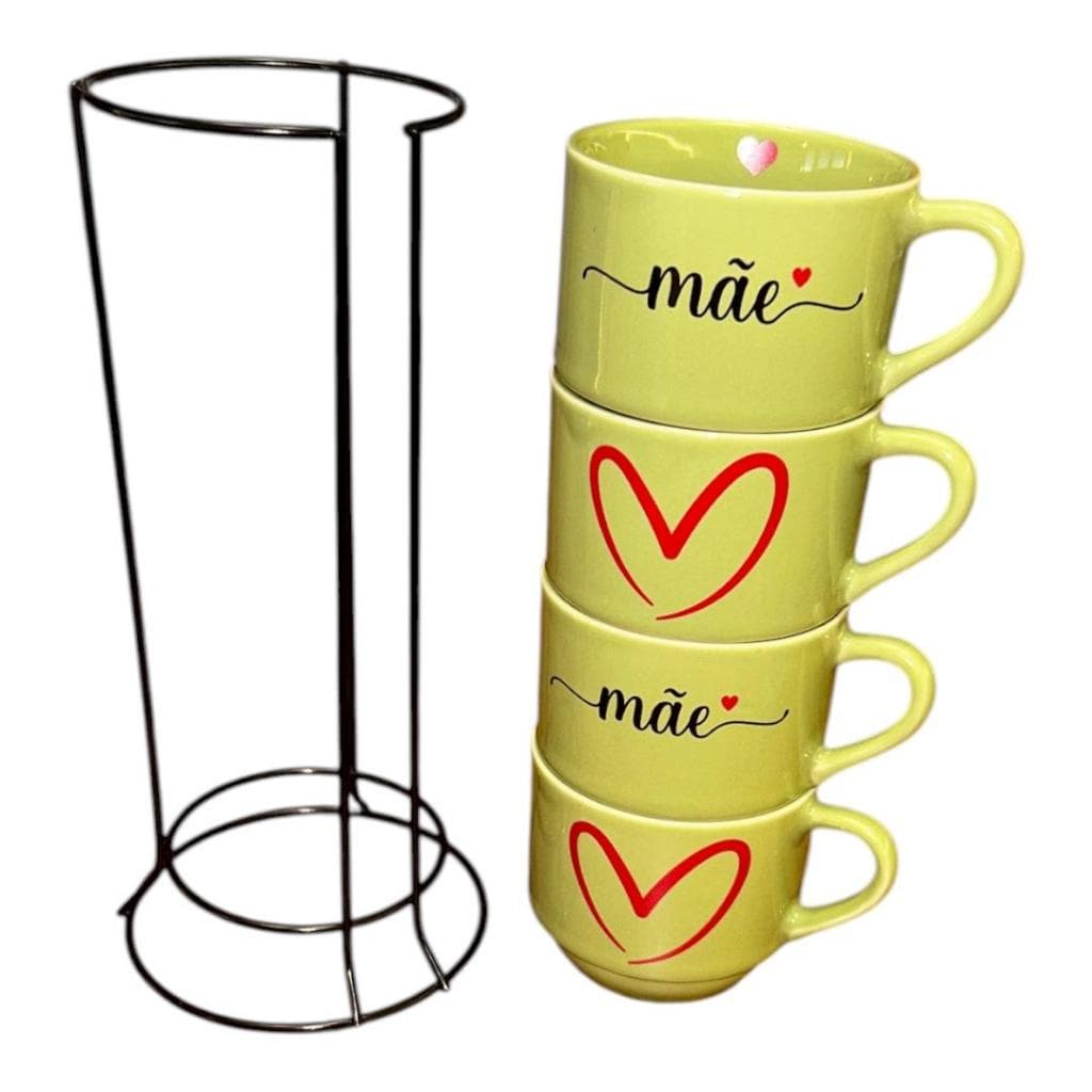 Kit 4 Xicara Caneca 200 Ml Mãe Empilhada Verde + Suport Café Chá