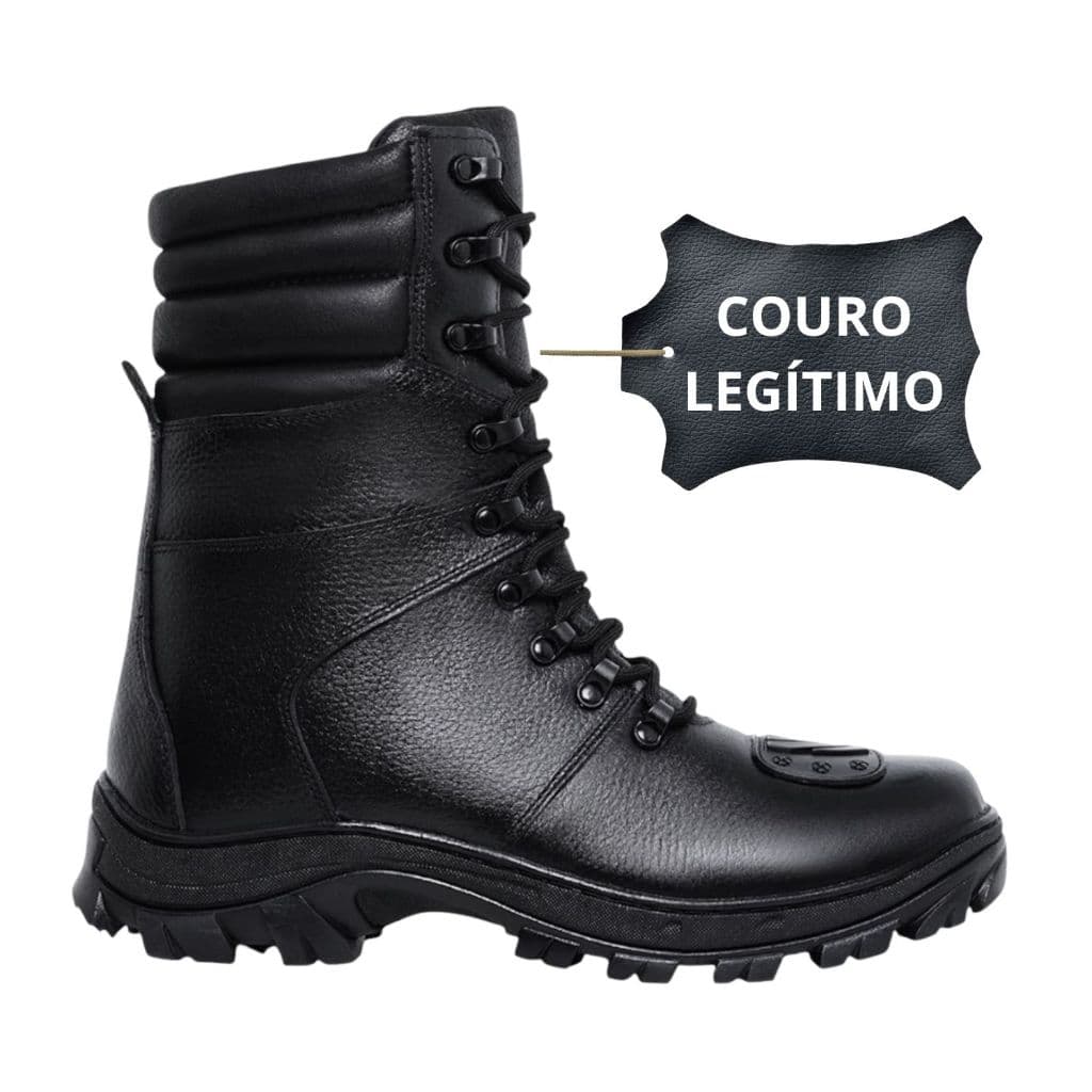 Bota Coturno Couro Motoqueiro Militar Tático Solado Todo Costurado 4092 Palmilha Conformada