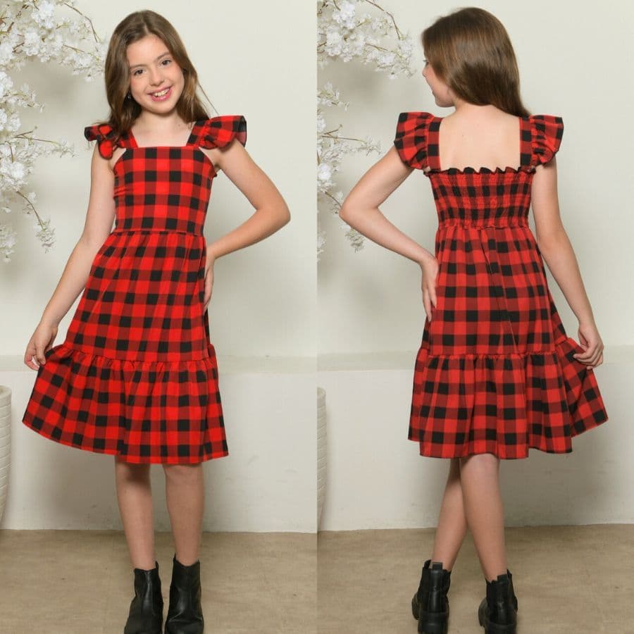vestido curto xadres infantil/juvenil manga curta babado