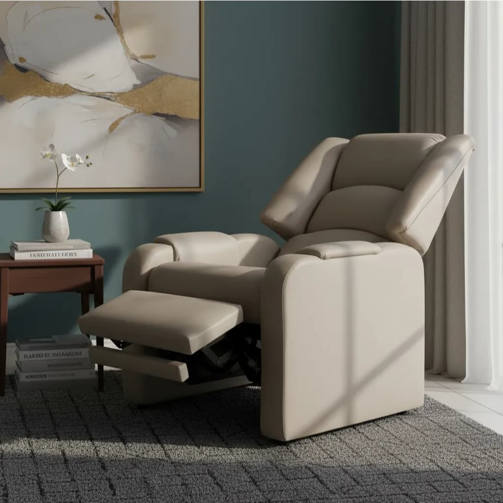 Poltrona Cadeira Dubai Papai Mamãe Encosto Reclinável E Retrátil Estofado em Courino Bege Ideal Para Sala Estar Quarto