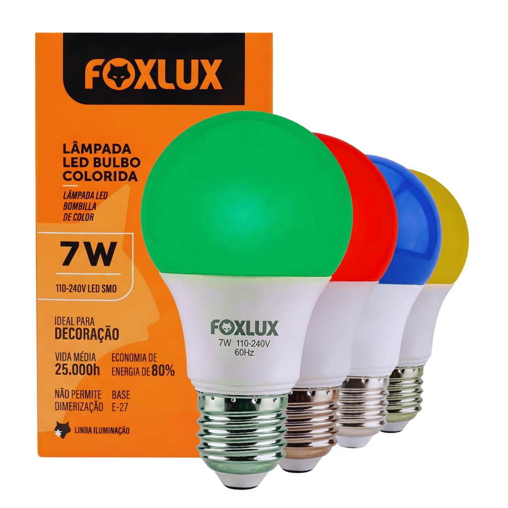 Lâmpada LED Colorida 7W Bivolt Foxlux E27 Luz Azul Verde Vermelha Amarela Econômica Decoração Festa Jardim iluminação