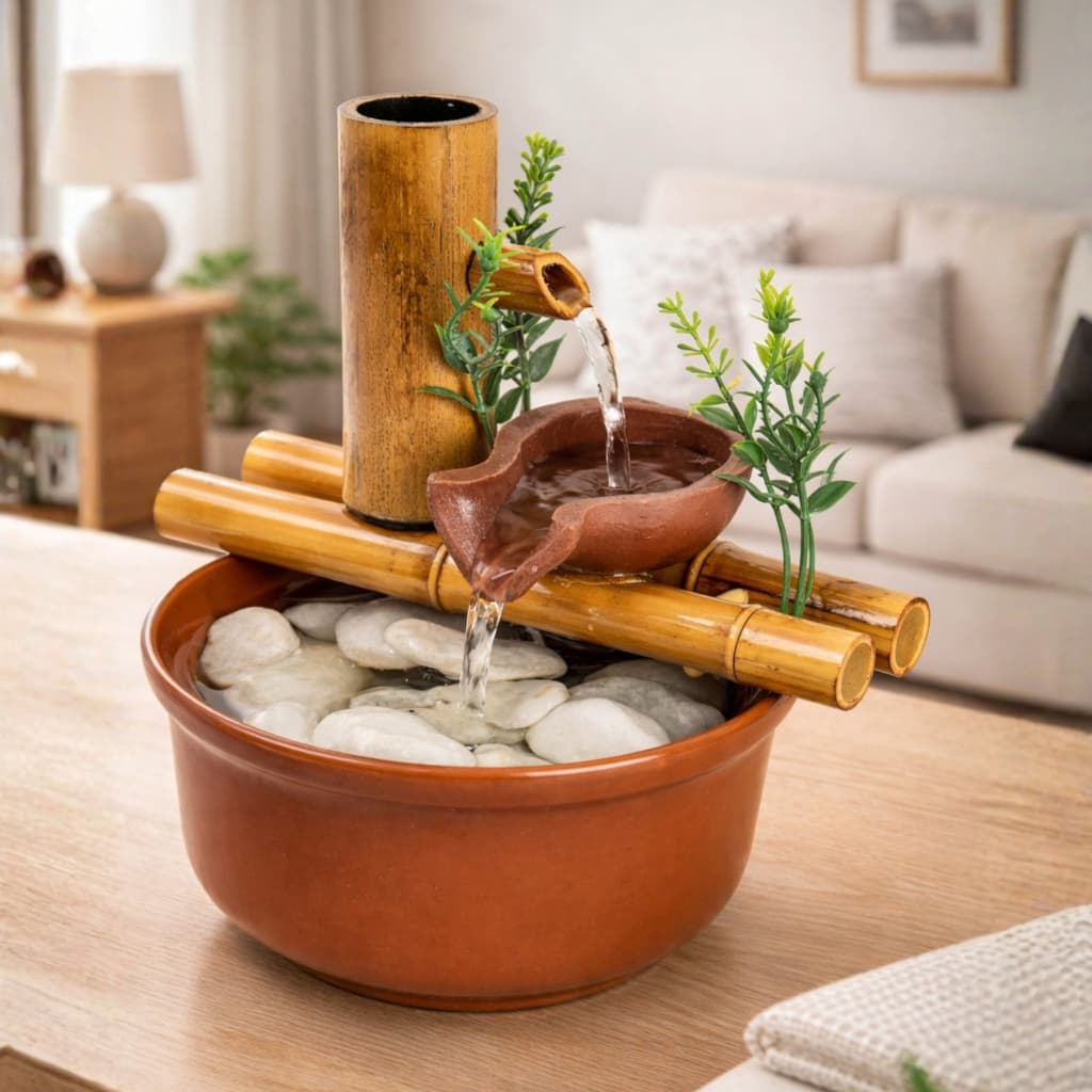 Fonte 2 quedas Decorativa De Mesa Agua Cascata de Bambu 19cm
