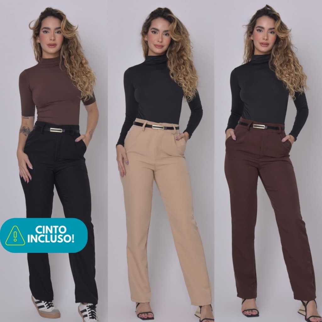 Calça Alfaiataria com Cinto Pantalona com Bolso Cintura Alta Social Casual