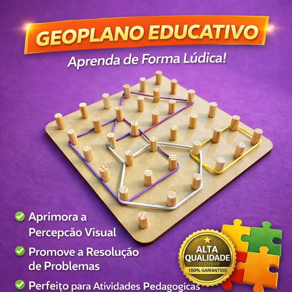 GEOPLANO de Madeira Com 36 Pinos e Elásticos Coloridos AUTISMO Infantil DIDATÍCO Geometria Matemática Coordenação TDAH