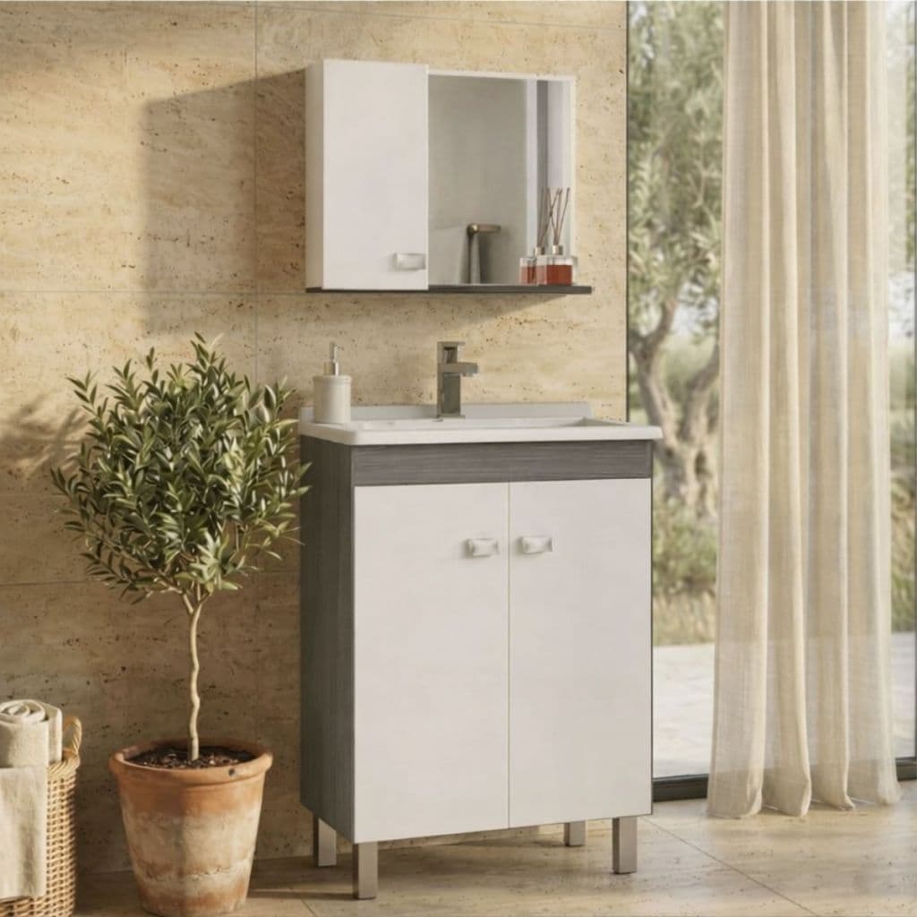 Balcão Armário Completo com Pia Banheiro Kit Econômico Etna Branco Com Pés 60cm Fabribam