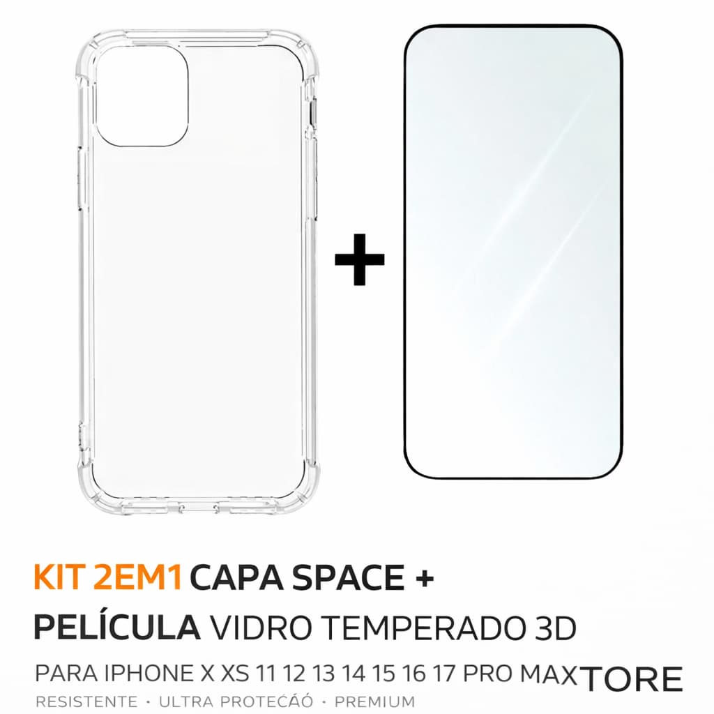 Capa Space Transparente + Película 3D Vidro Temperado iPhone X XS 11 12 13 14 15 16 17 Pro Max - KTX
