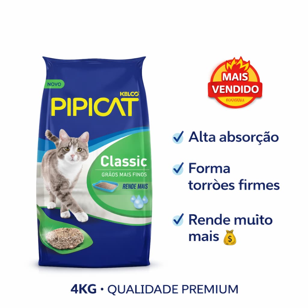 Areia Higiênica Gatos Pipicat Classic para Gato 4kg Alta Absorção Sem Odor Torrão Forte Rende Mais
