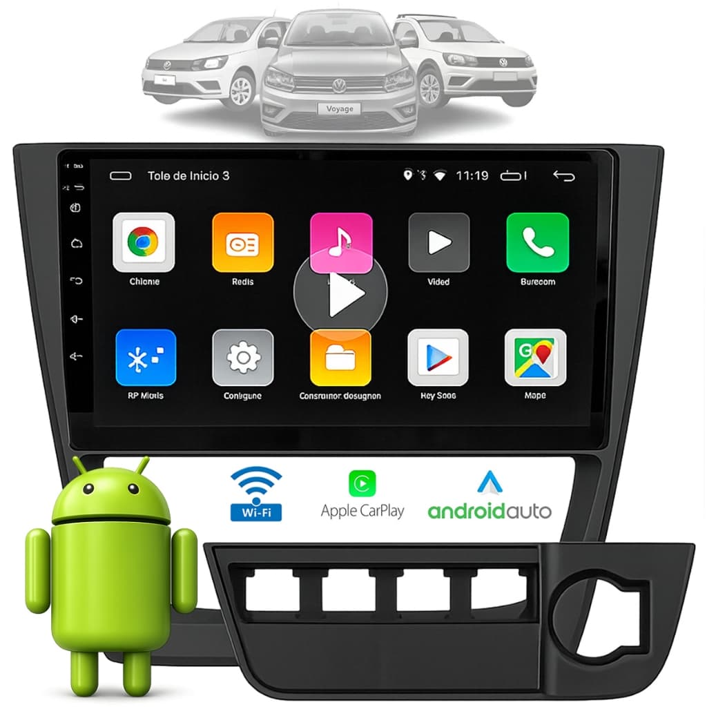 KIT MULTIMÍDIA 9 POL ANDROID AUTO CARPLAY BLUETOOTH P/ GOL SAVEIRO VOYAGE G6 ANO 2013 2014 2015 2016