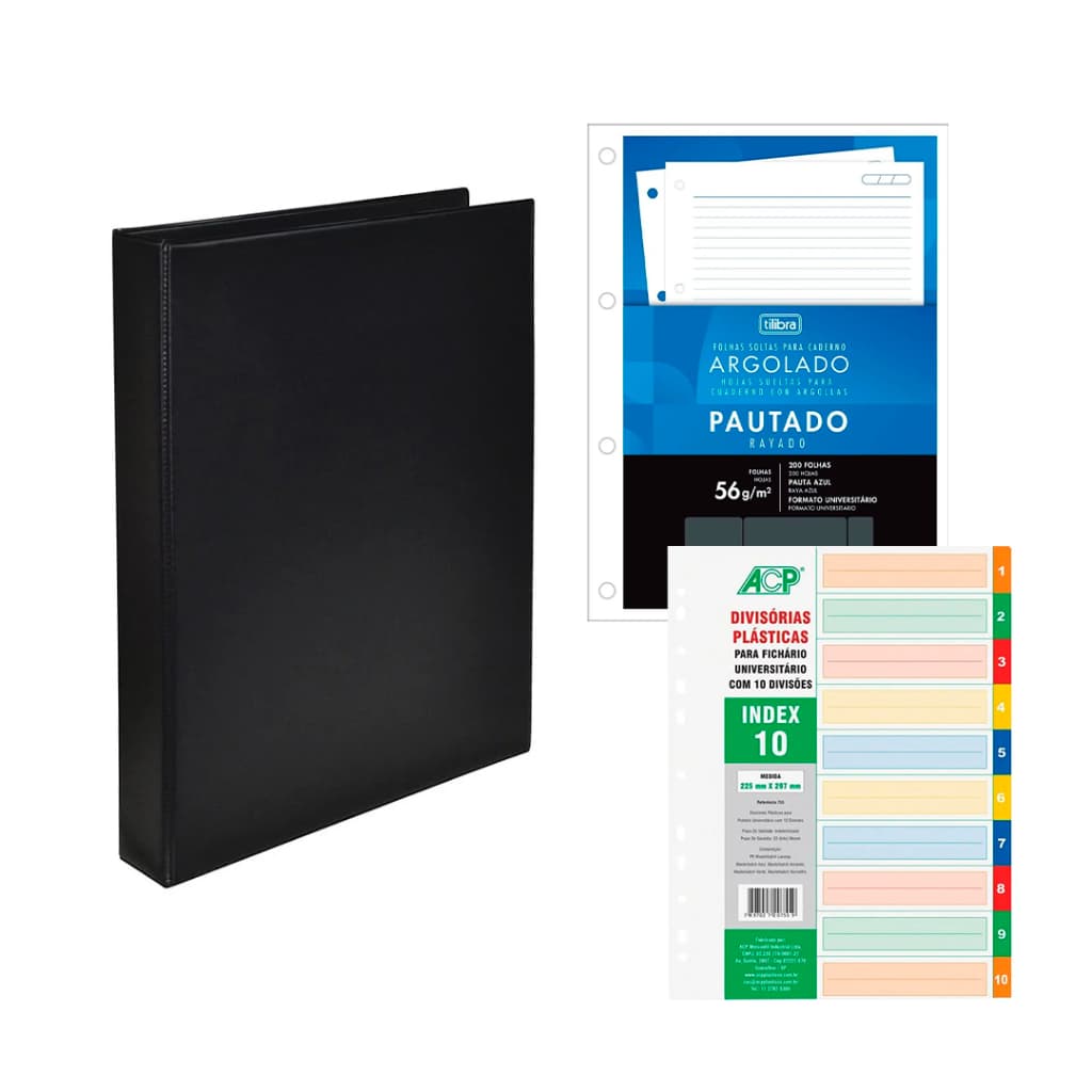 Fichário Pasta Simples Preto 4 Argolas - com Bloco de Fichário 200fls e 10 Divisórias