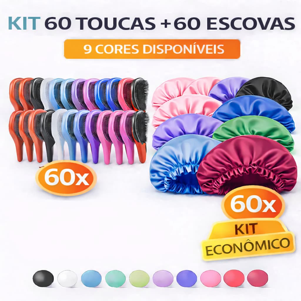 Kit 60 Toucas de Cetim + 60 Escovas Desembaraçadoras