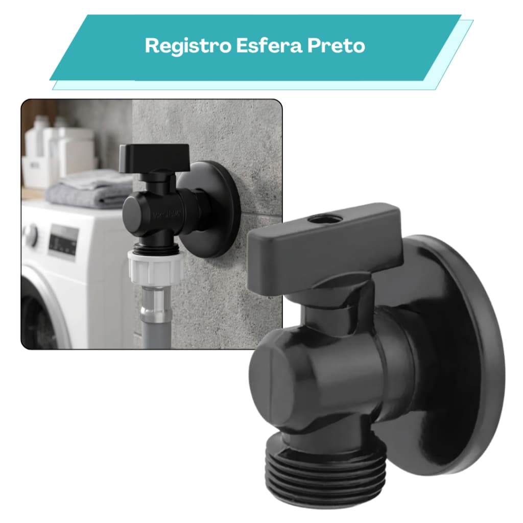 Registro Esfera Metal Preto 1/2 X 3/4 Para Máquina De Lavar Roupa Lava Louças Bebedouro 1/2 X 3/4
