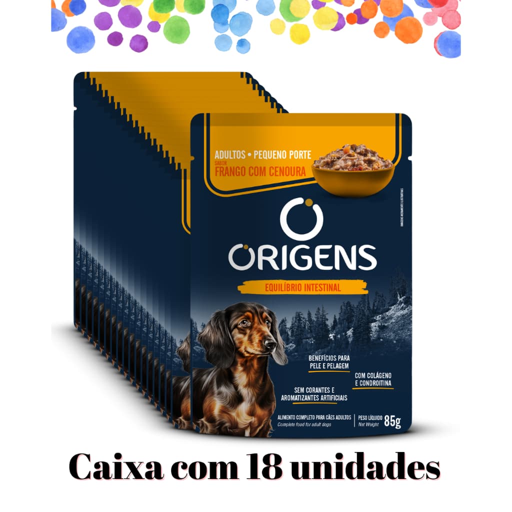 Caixa 18 unid - Sachê Origens Cães Adultos Peq Porte Sabor Frango com Cenoura 85g ( ração úmida )