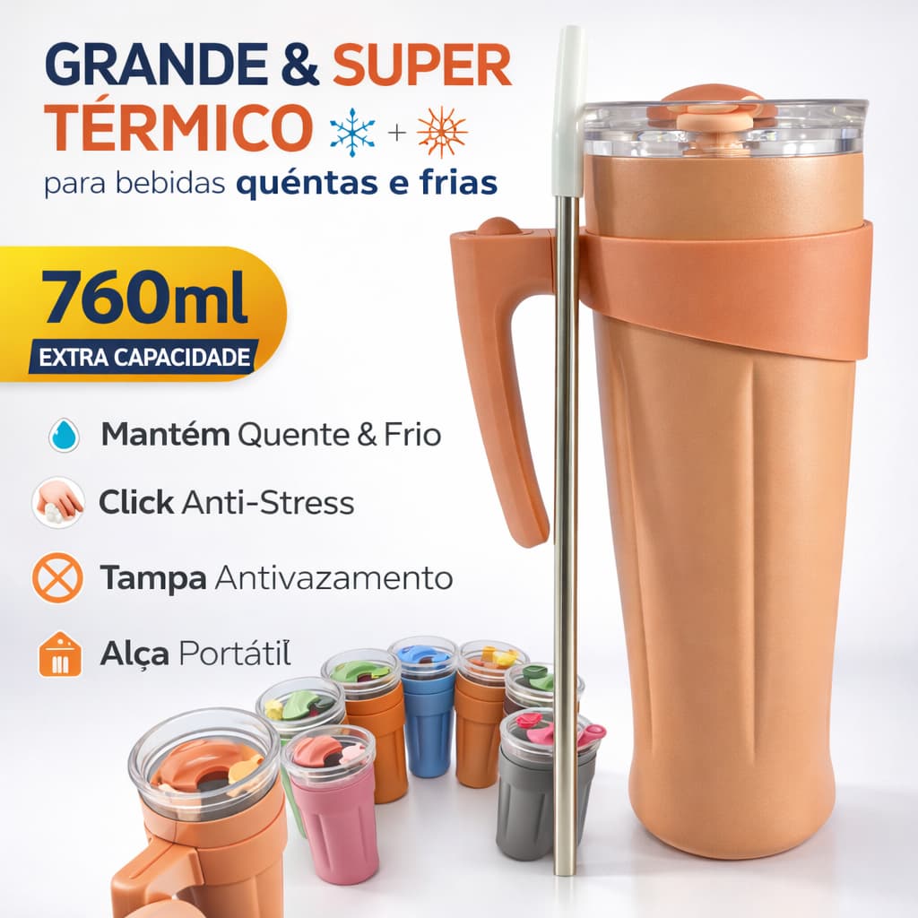 Copo Térmico 760ml Estiloso com Click Anti-Stress | Alça de Mão | Bebidas Quentes e Frias | Garrafa Trend Cores Variadas
