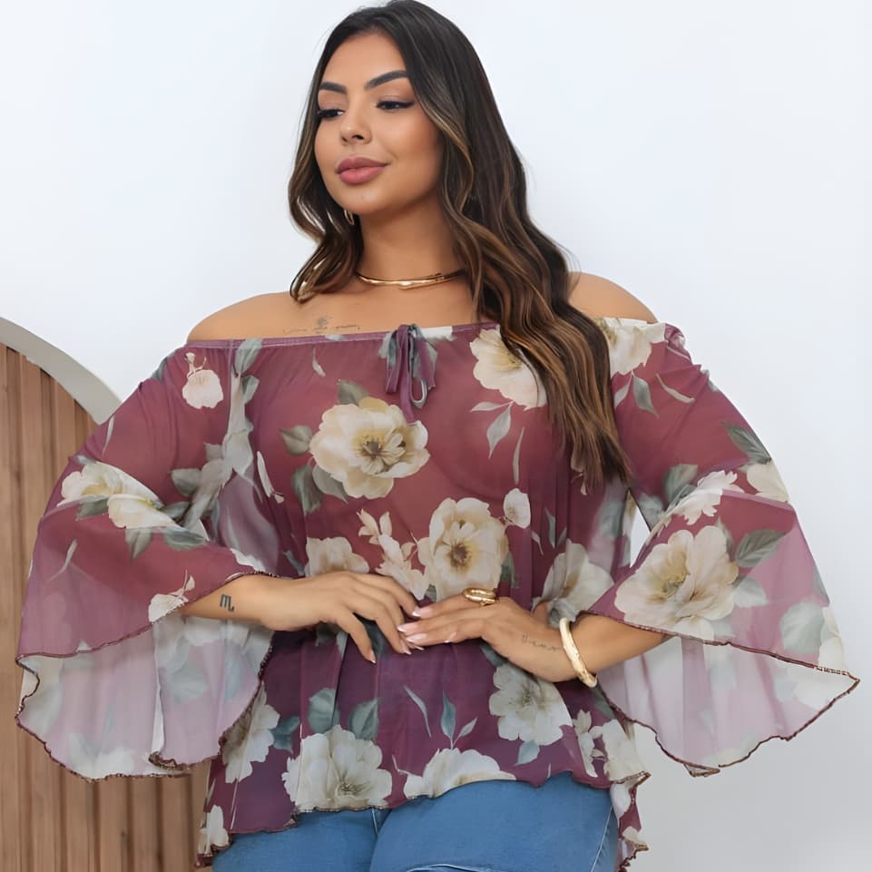 Blusa de Tule Feminina Cigana Ombro a Ombro Plus Size Estampado 48/52 Tendencia