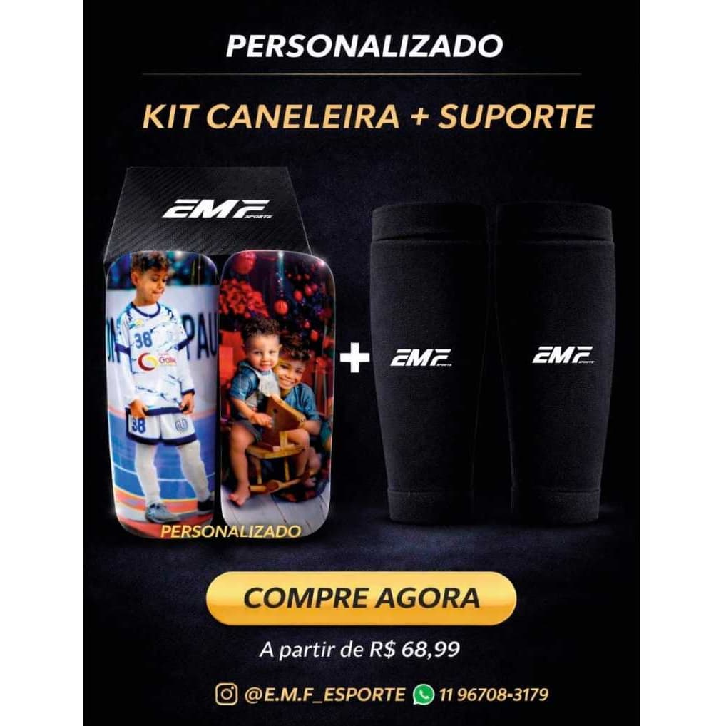 Caneleira Personalizada com Foto + Suporte Futebol Profissional Kit Completo Caneleira super Brilho.