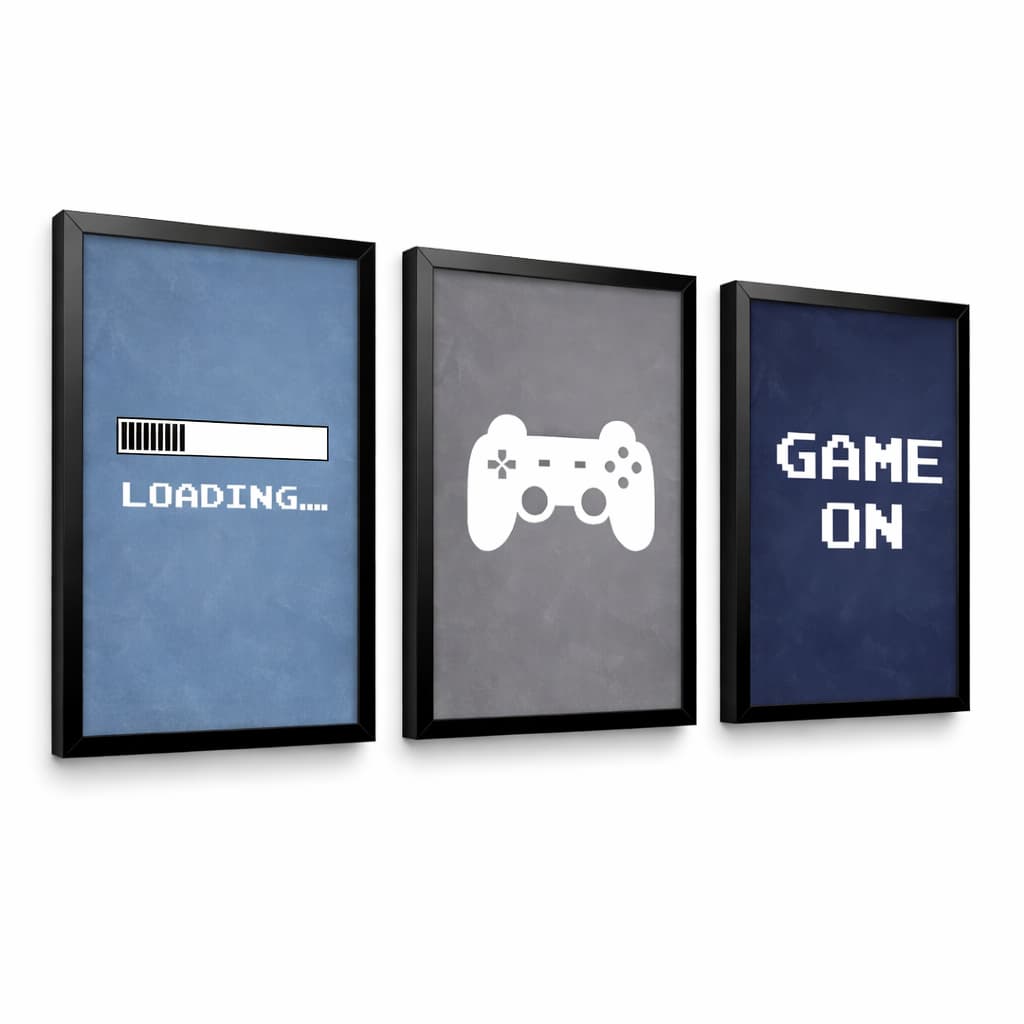 Kit 3 Quadros Decorativos Gamer Loading Controle Game On Decoração Quarto Infantil Juvenil Sala Geek Nerd